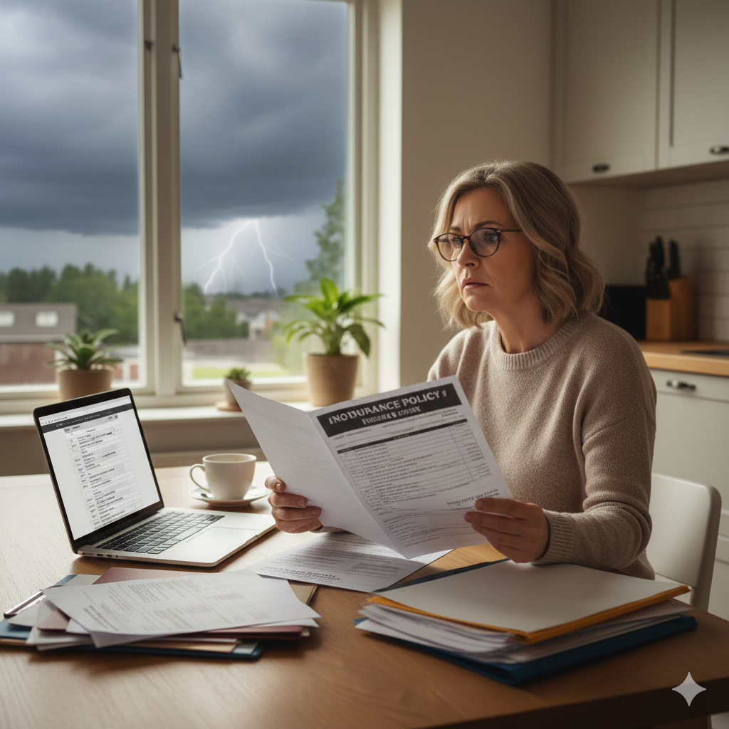 Minnesota homeowner reviewing insurance policy for wind and hail damage coverage