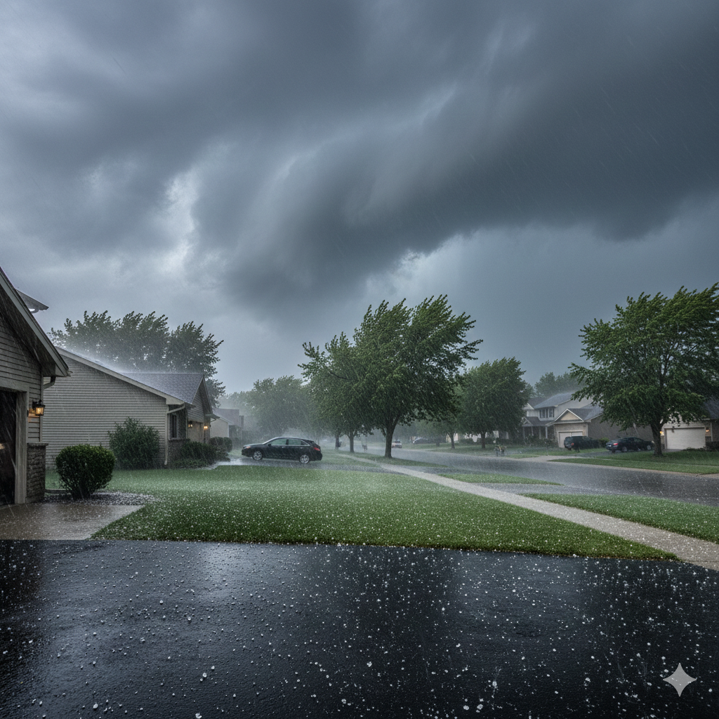 A realistic photo of a Minnesota neighborhood during a severe thunderstorm or hailstorm — dark clouds, heavy rain, hailstones on the ground, or ice pellets bouncing off a driveway.