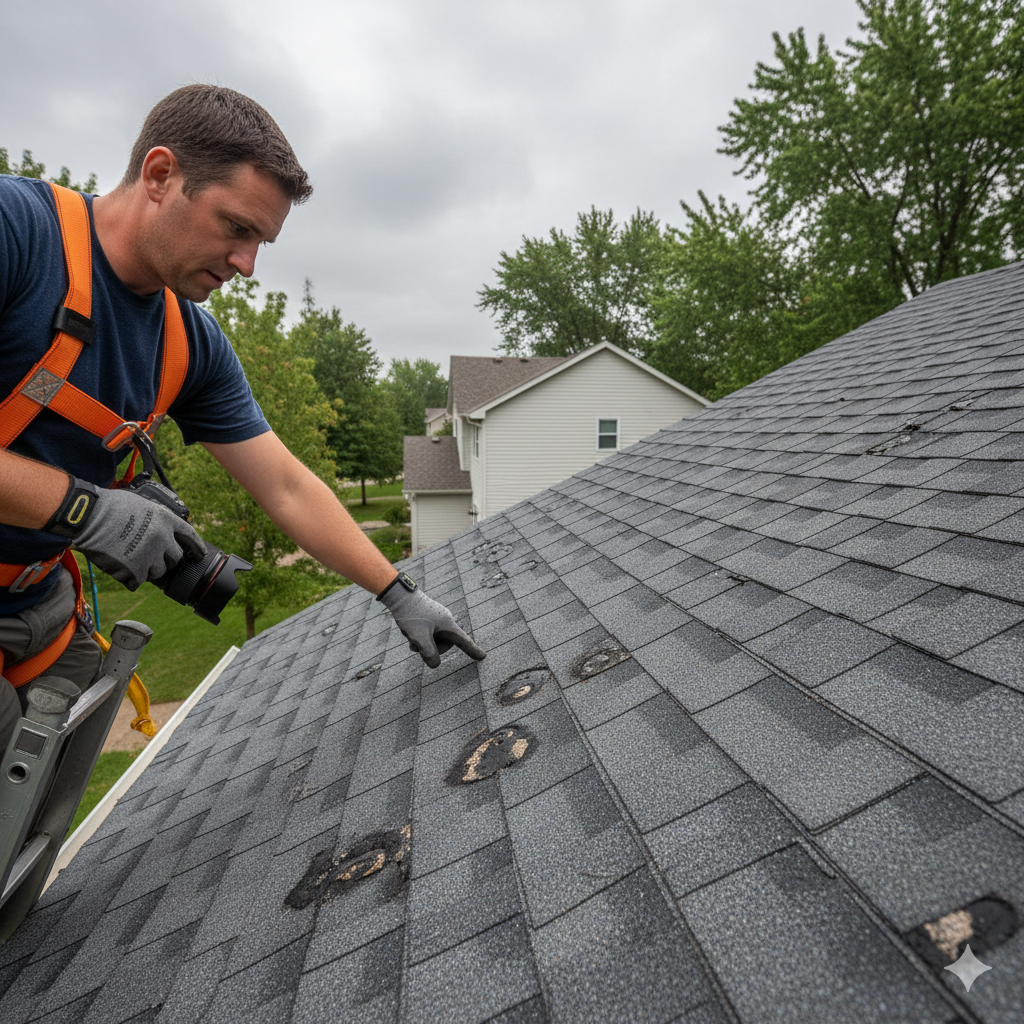 Home inspector checking Minnesota roof for hail damage after storm