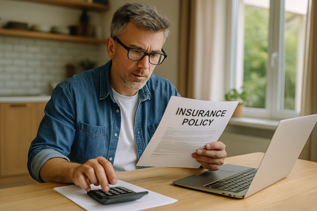 Man reviewing insurance policy and calculating premiums while considering higher insurance deductibles.