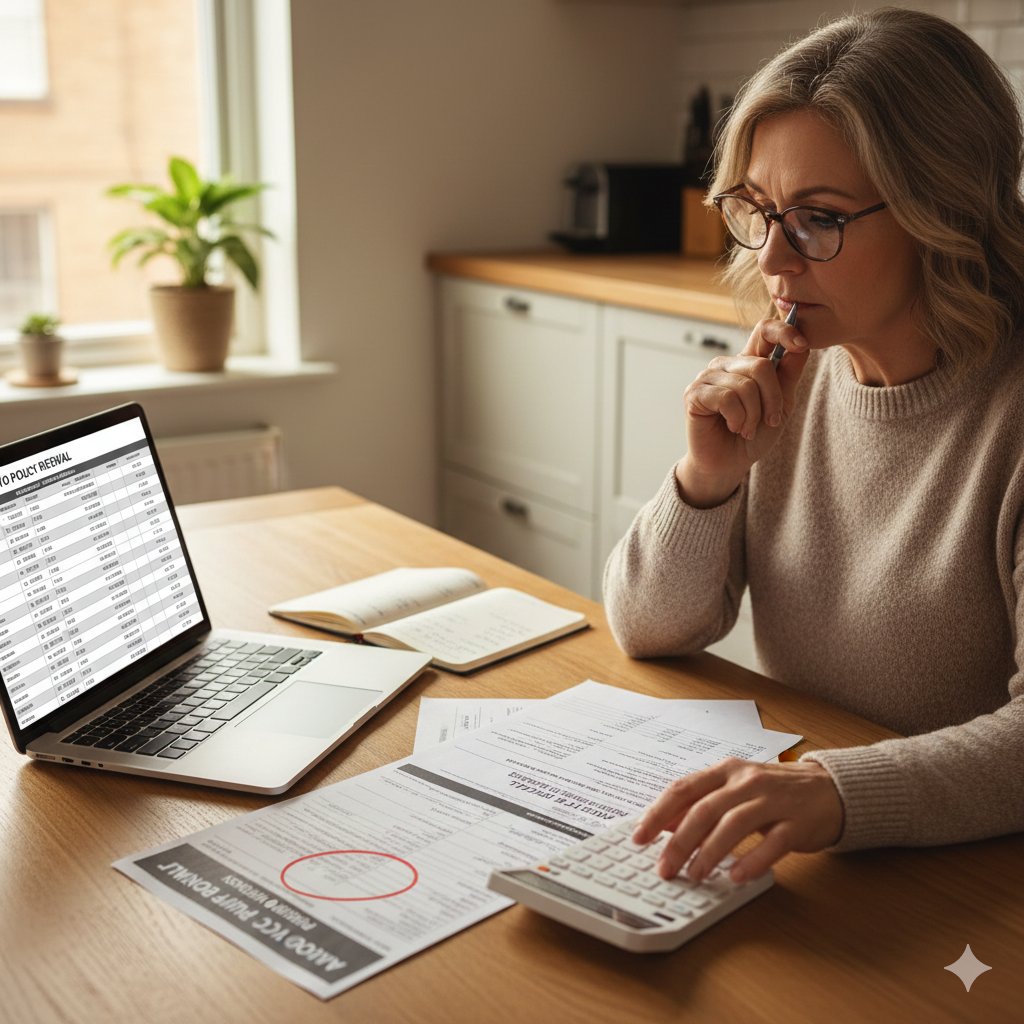 Homeowner reviewing insurance policy details and evaluating higher insurance deductibles.